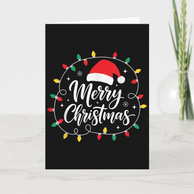 Merry Christmas Lights Red Santa Hat Xmas Family M Card (Front)