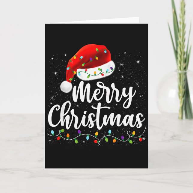 Merry Christmas Lights Red Santa Hat Xmas Family M Card (Front)