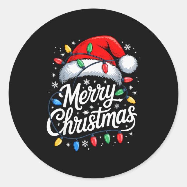 Merry Christmas Lights Red Santa Hat Xmas Family M Classic Round Sticker (Front)