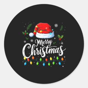 Merry Christmas Lights Red Santa Hat Xmas Family M Classic Round Sticker