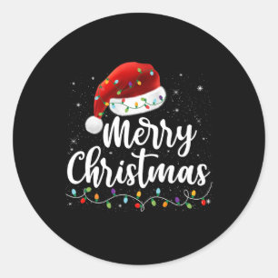 Merry Christmas Lights Red Santa Hat Xmas Family M Classic Round Sticker