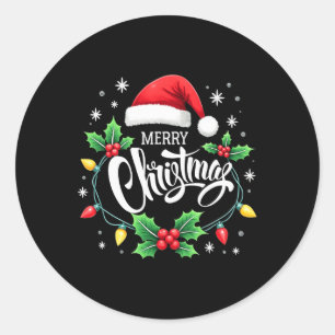 Merry Christmas Lights Red Santa Hat Xmas Family M Classic Round Sticker