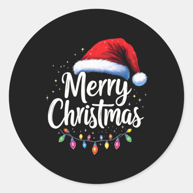 Merry Christmas Lights Red Santa Hat Xmas Family M Classic Round Sticker (Front)