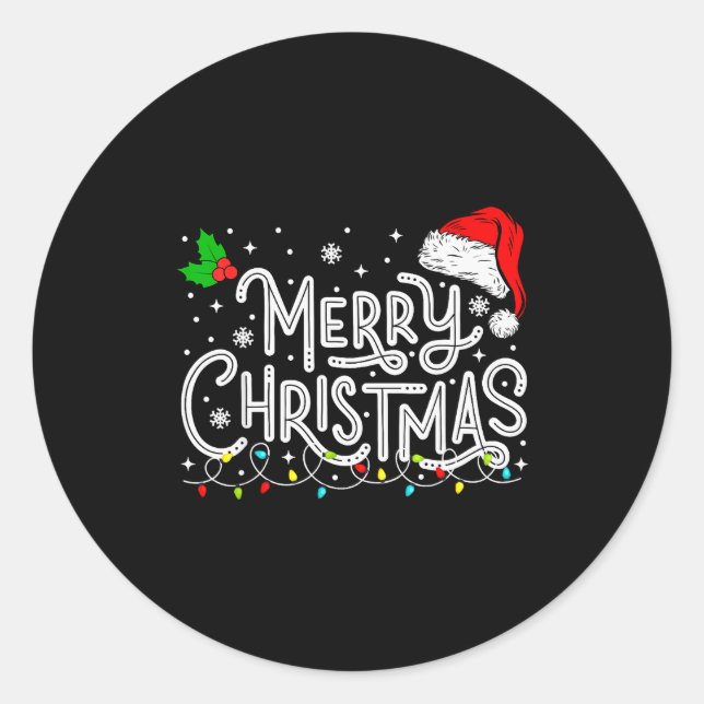Merry Christmas Lights Red Santa Hat Xmas Family M Classic Round Sticker (Front)
