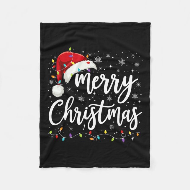 Merry Christmas Lights Red Santa Hat Xmas Family M Fleece Blanket (Front)