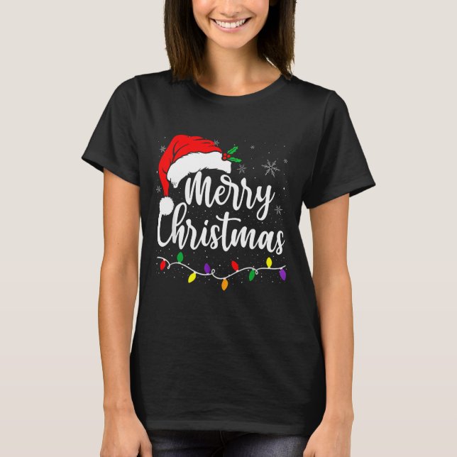 Merry Christmas Lights Red Santa Hat Xmas Family M T-Shirt (Front)