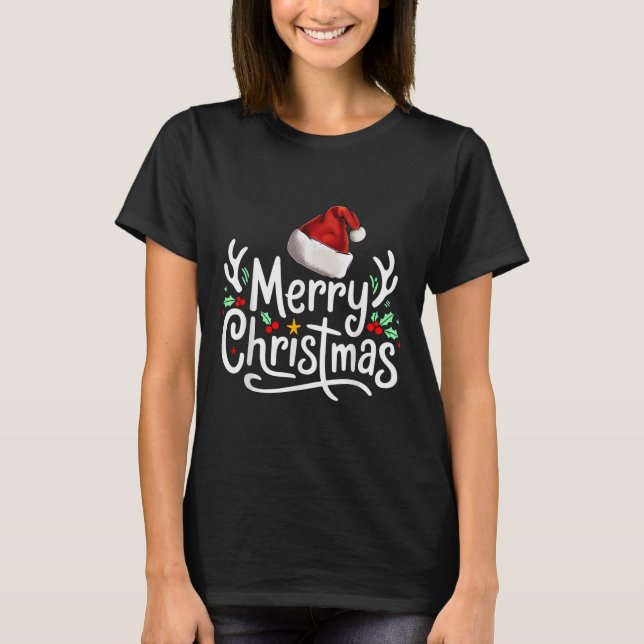 Merry Christmas Lights Red Santa Hat Xmas Family  T-Shirt (Front)