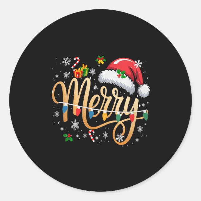 Merry Christmas Lights Red Santa Hat Xmas Men Wome Classic Round Sticker (Front)
