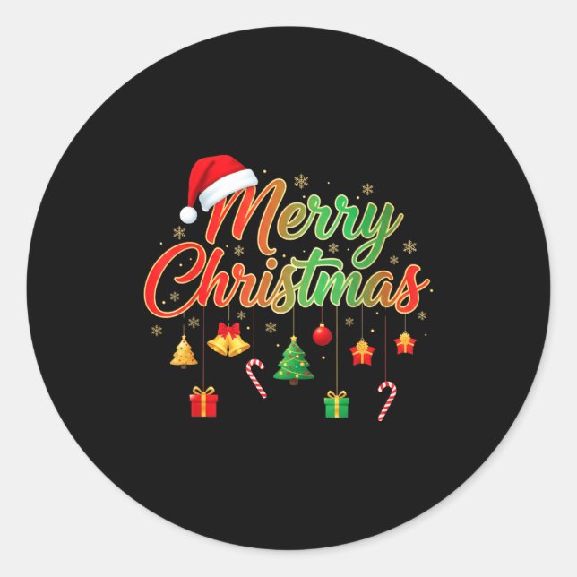 Merry Christmas Lights Santa Hat Family Matching T Classic Round Sticker (Front)