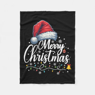 Merry Christmas Lights Santa Hat Funny Xmas Family Fleece Blanket
