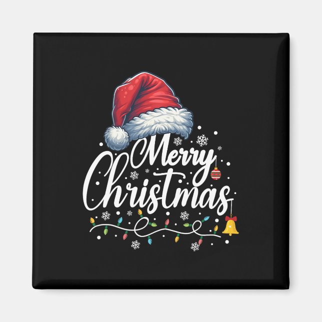 Merry Christmas Lights Santa Hat Funny Xmas Family Magnet (Front)