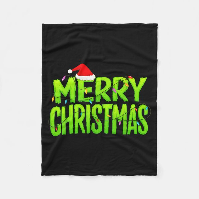 Merry Christmas Lights Santa Hat Pajamas Xmas Humo Fleece Blanket (Front)