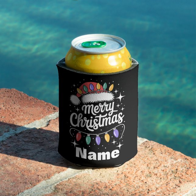 Merry Christmas Lights Santa Hat Personalised Gift Can Cooler (In Situ Pool)