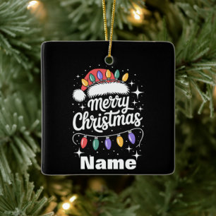 Merry Christmas Lights Santa Hat Personalised Gift Ceramic Ornament