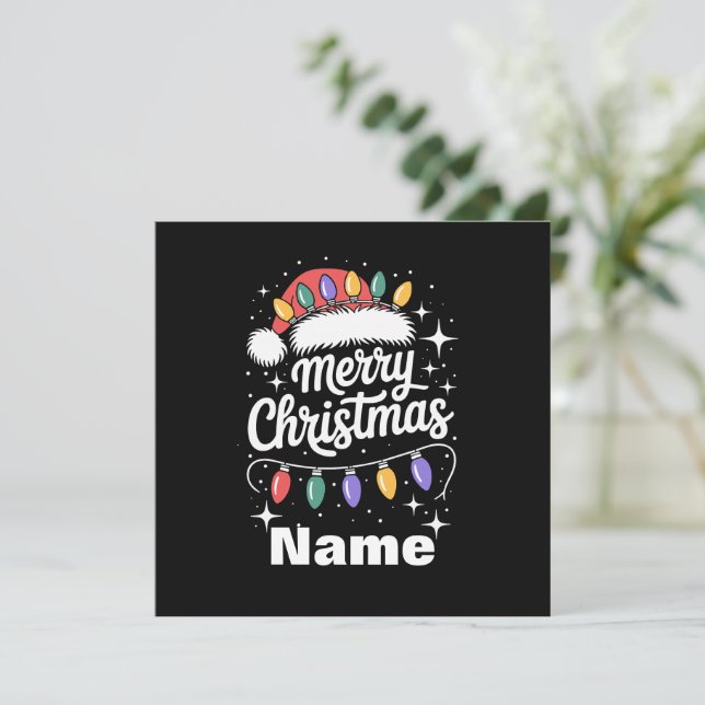 Merry Christmas Lights Santa Hat Personalised Gift Holiday Card (Standing Front)