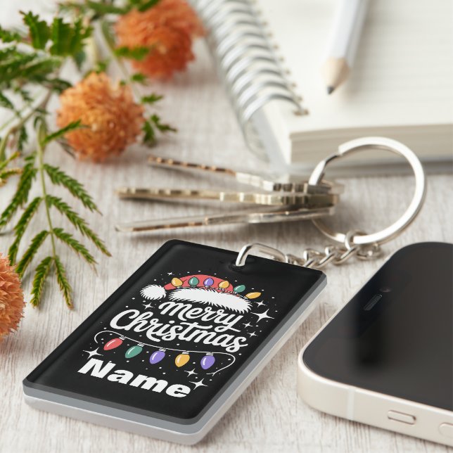 Merry Christmas Lights Santa Hat Personalised Gift Key Ring (Front Right)