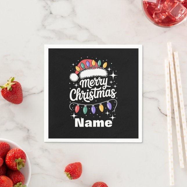 Merry Christmas Lights Santa Hat Personalised Gift Napkin (Insitu)