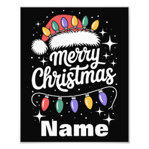 Merry Christmas Lights Santa Hat Personalised Gift Photo Print