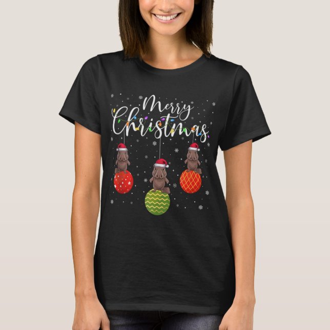 Merry Christmas Lights Santa Hat Platypus Ugly Xma T-Shirt (Front)