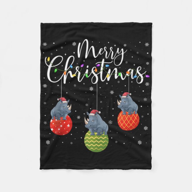 Merry Christmas Lights Santa Hat Rhino Ugly Xmas T Fleece Blanket (Front)