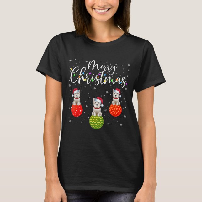 Merry Christmas Lights Santa Hat Westie Dog Ugly X T-Shirt (Front)