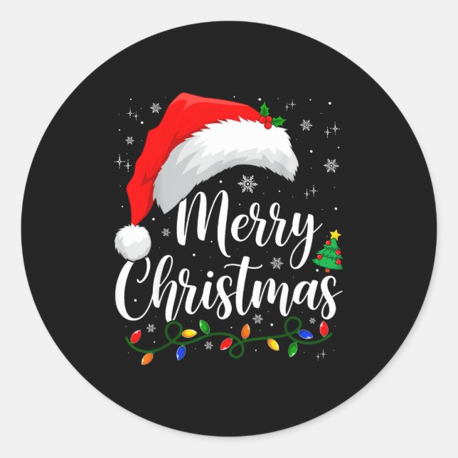 Merry Christmas Lights Santa Hat Xmas Family Match Classic Round Sticker (Front)