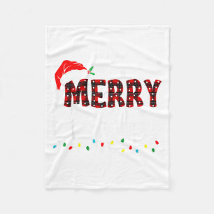 Merry Christmas Lights Santa Hat Xmas Family Match Fleece Blanket