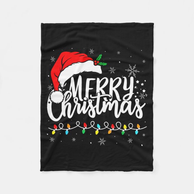 Merry Christmas Lights Santa Hat Xmas Family Match Fleece Blanket (Front)