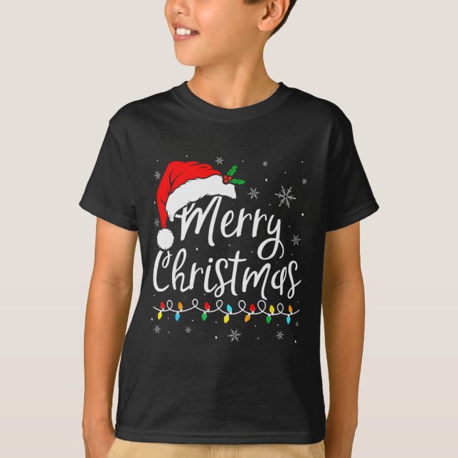 Merry Christmas Lights Santa Hat Xmas Family Match T-Shirt (Front)