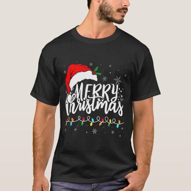 Merry Christmas Lights Santa Hat Xmas Family Match T-Shirt (Front)