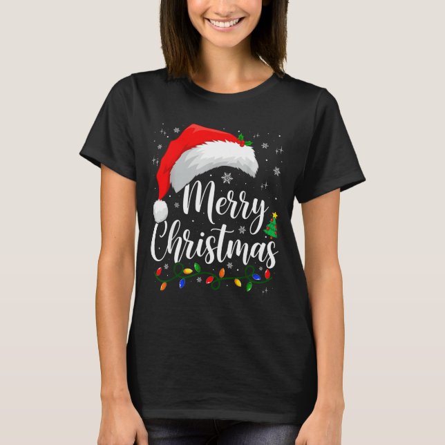 Merry Christmas Lights Santa Hat Xmas Family Match T-Shirt (Front)