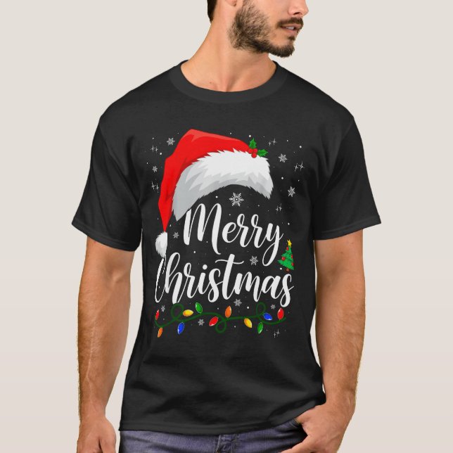 Merry Christmas Lights Santa Hat Xmas Family Match T-Shirt (Front)