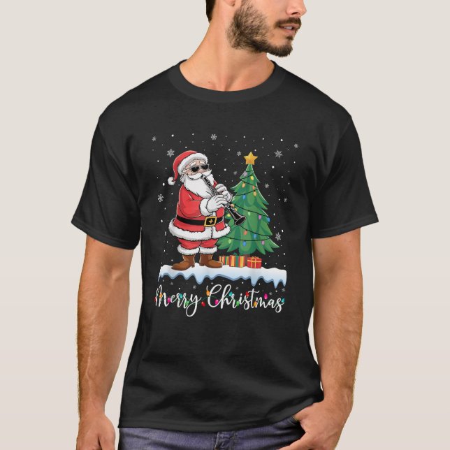Merry Christmas Lights Santa Playing Clarinet Ugly T-Shirt (Front)