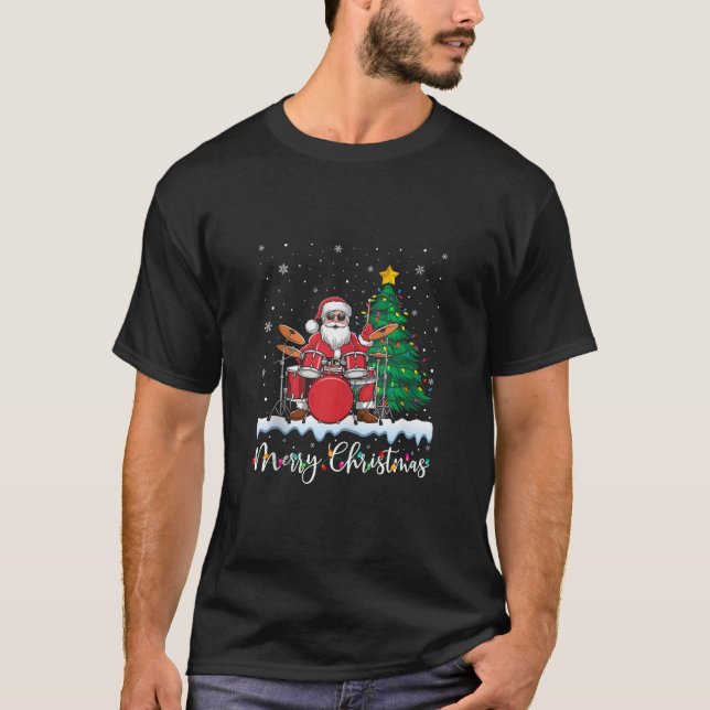 Merry Christmas Lights Santa Playing Drums Ugly Xm T-Shirt (Front)