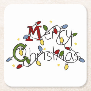 Merry Christmas Lights Square Paper Coaster