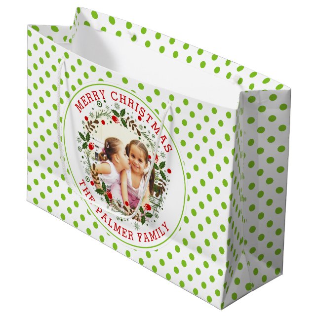 Merry Christmas lime green polka dot pattern photo Large Gift Bag (Front Angled)