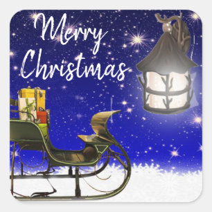 Merry Christmas Lit Lantern & Sled Square Sticker