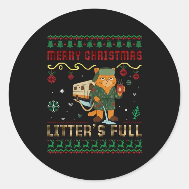 Merry Christmas Litter’s Full Funny Cat Xmas Ugly  Classic Round Sticker (Front)