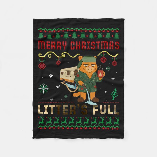 Merry Christmas Litter’s Full Funny Cat Xmas Ugly  Fleece Blanket (Front)
