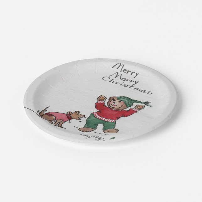 Merry Christmas Little Bear Enjoy the snow  Paper Plate (Angled)