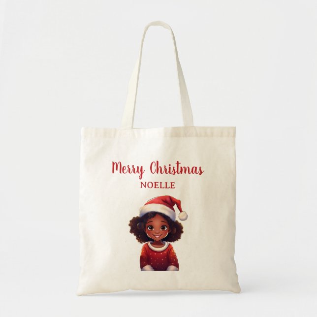 Merry Christmas! Little Black Girl Santa Hat Tote Bag (Front)