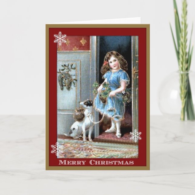 Merry Christmas Little Girl and Dog Holiday Card (Front)