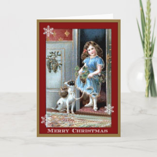Merry Christmas Little Girl and Dog Holiday Card