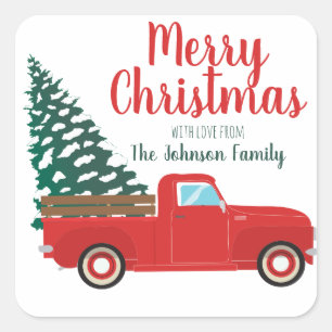 Merry Christmas Little Red Pickup Truck Pine Tree Square Sticker