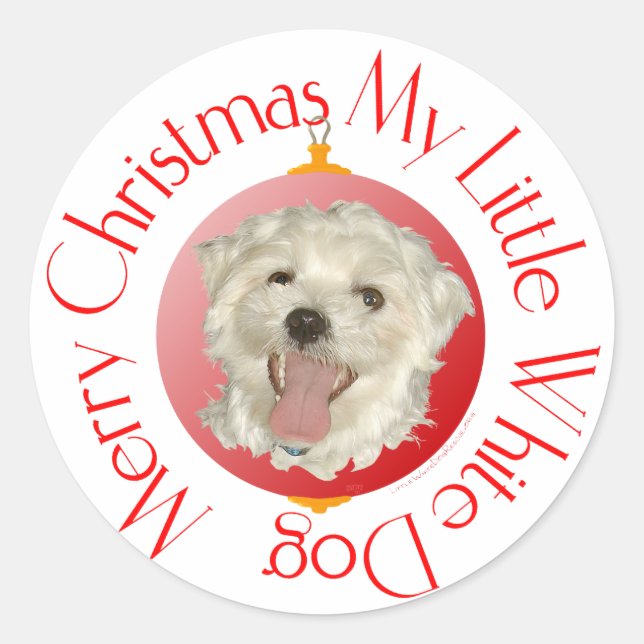 Merry Christmas Little White Dog Classic Round Sticker (Front)