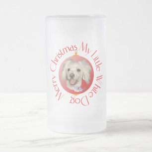 Merry Christmas Little White Dog Poodle / Bichon Frosted Glass Beer Mug