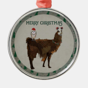 MERRY CHRISTMAS LLAMA & OWL METAL TREE DECORATION