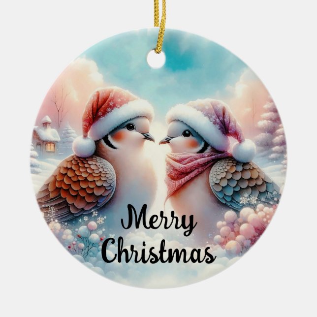 Merry Christmas Love Birds  Ceramic Tree Decoration (Front)