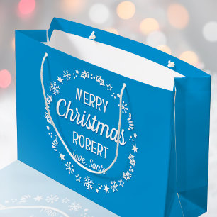 Merry Christmas Love Santa Custom Name Blue Large Gift Bag