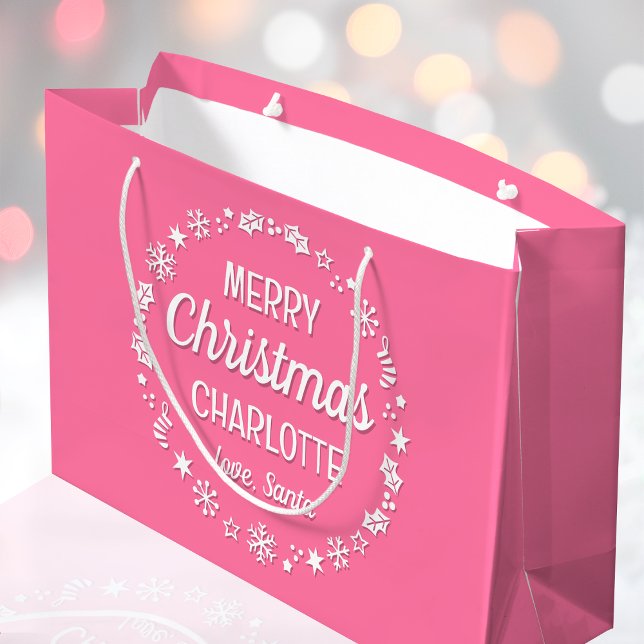 Merry Christmas Love Santa Custom Name Pink Large Gift Bag (Creator Uploaded)